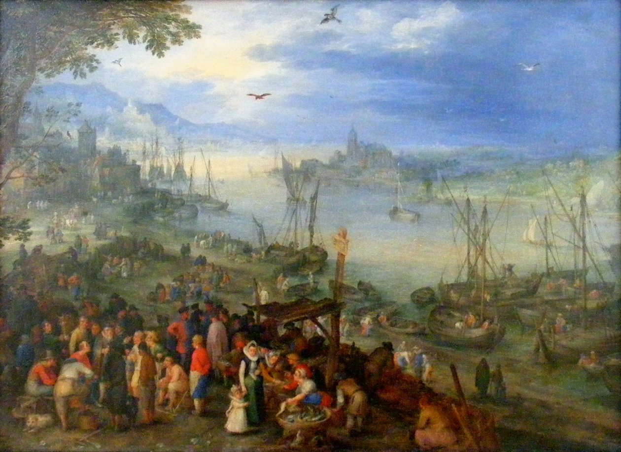 Fiskemarked på bredden av en elv av Jan the Elder Brueghel