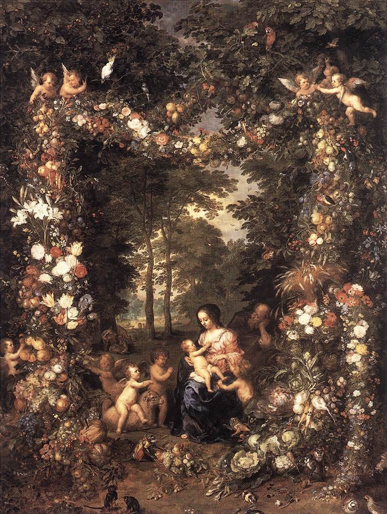Hellig familie i en krans av blomster og frukt av Jan the Elder Brueghel