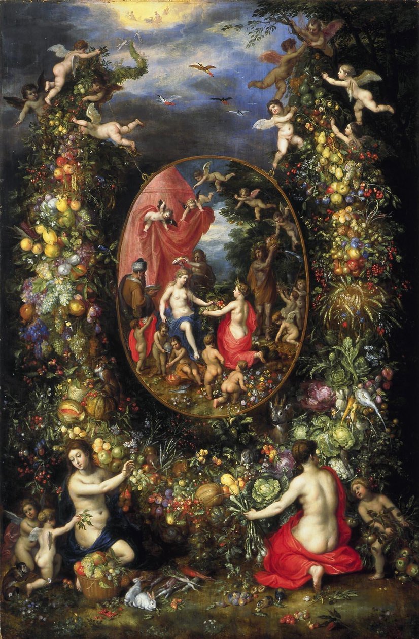 Krans av frukt og blomster rundt en allegori av jordbruk av Jan the Elder Brueghel