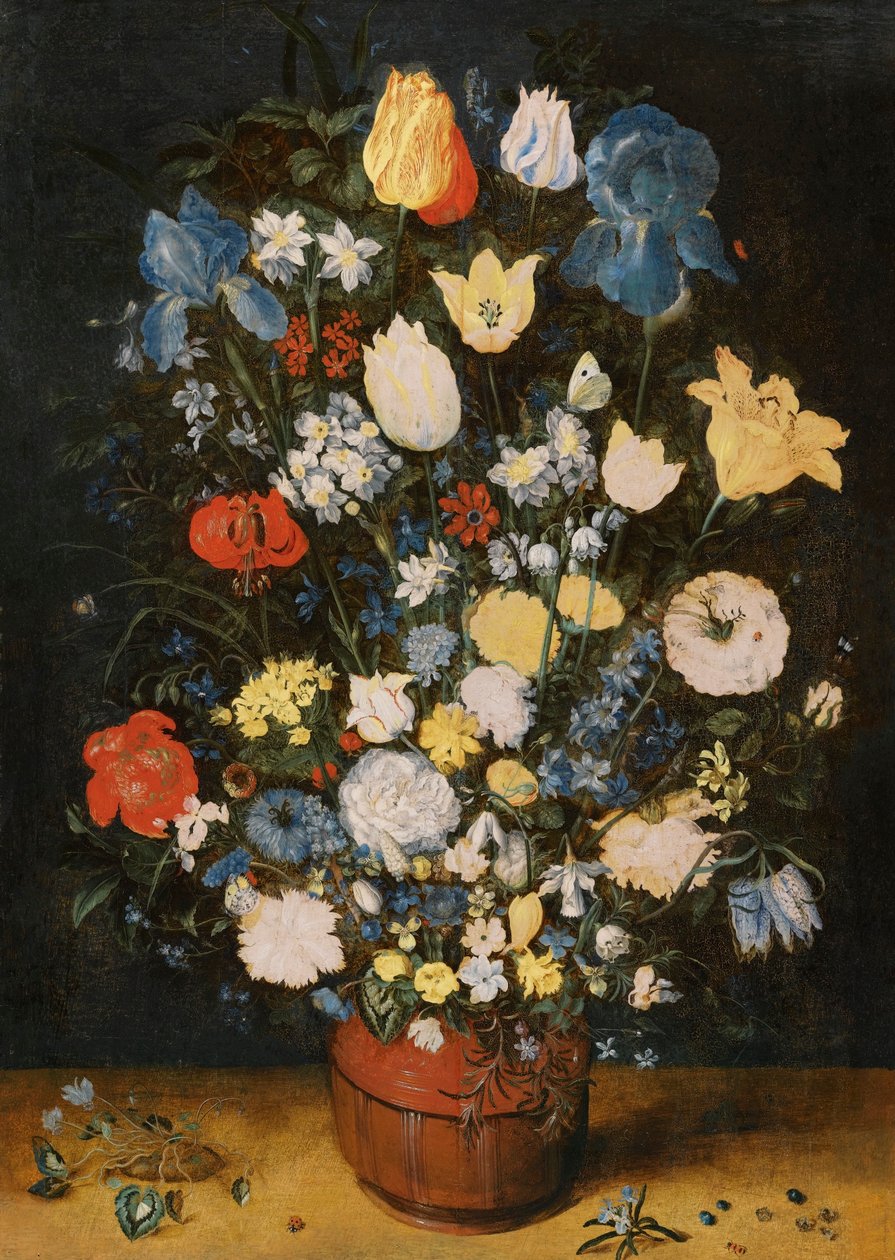 Stilleben med iriser, roser, tulipaner, Narcissae, kardamin, syklamen, hyasinter, Calendula, Eranthis og andre blomster av Jan the Elder Brueghel