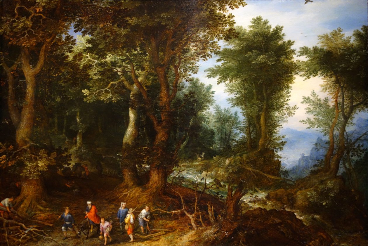 Skogsbevokst landskap med Abraham og Isak av Jan the Elder Brueghel