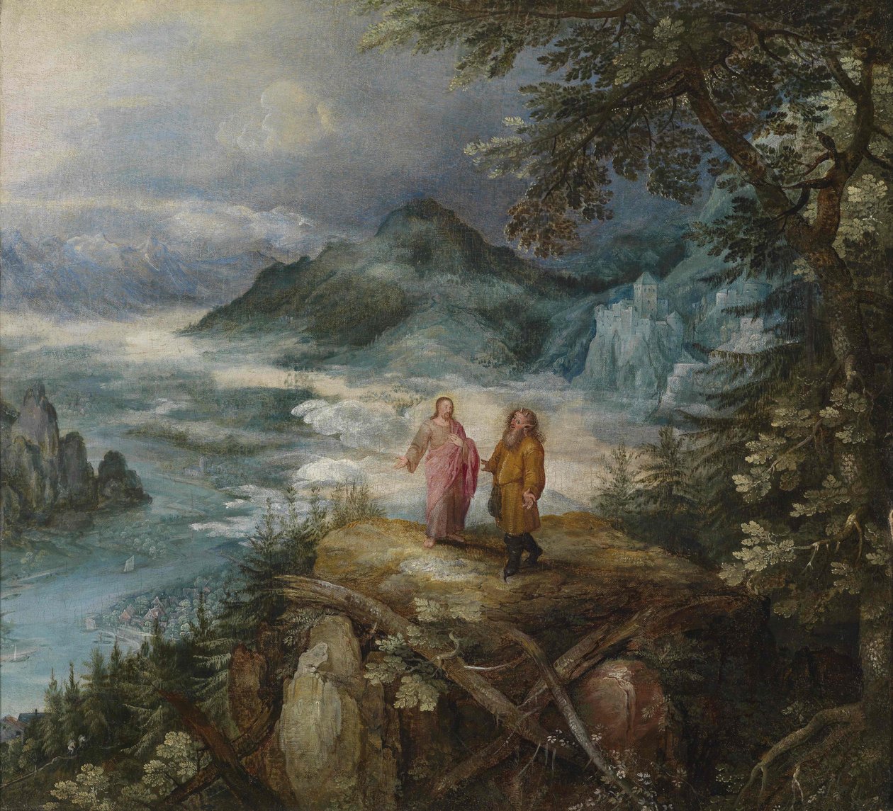 Bredt fjellandskap med Kristi fristelse av Jan the Elder Brueghel