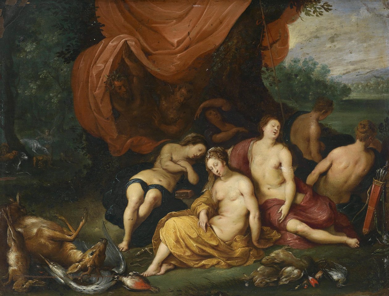 Diana og nymfene hennes etter jakten, overhørt av satyrer av Jan Brueghel the Younger