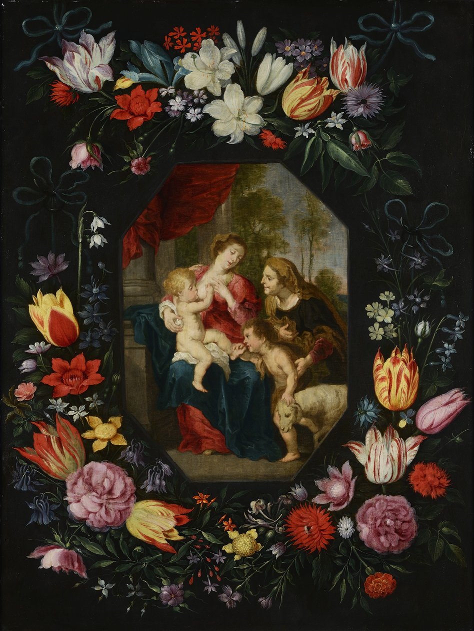 Jomfru og barn med St. Elizabeth og St. Johannes døperen i en blomsterkrans av Jan Brueghel the Younger
