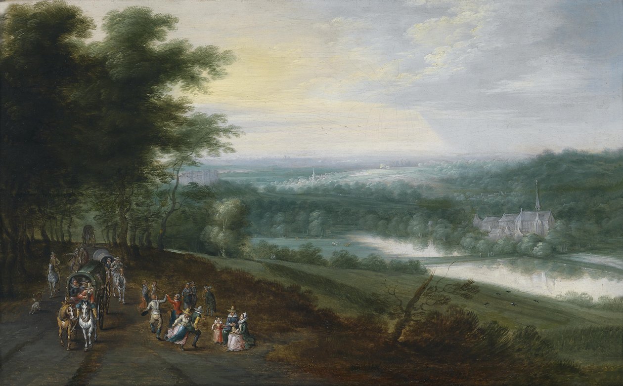 Bredt elvelandskap med reisende og dansende bønder på en sti, i bakgrunnen et klosterkompleks av Jan Brueghel the Younger