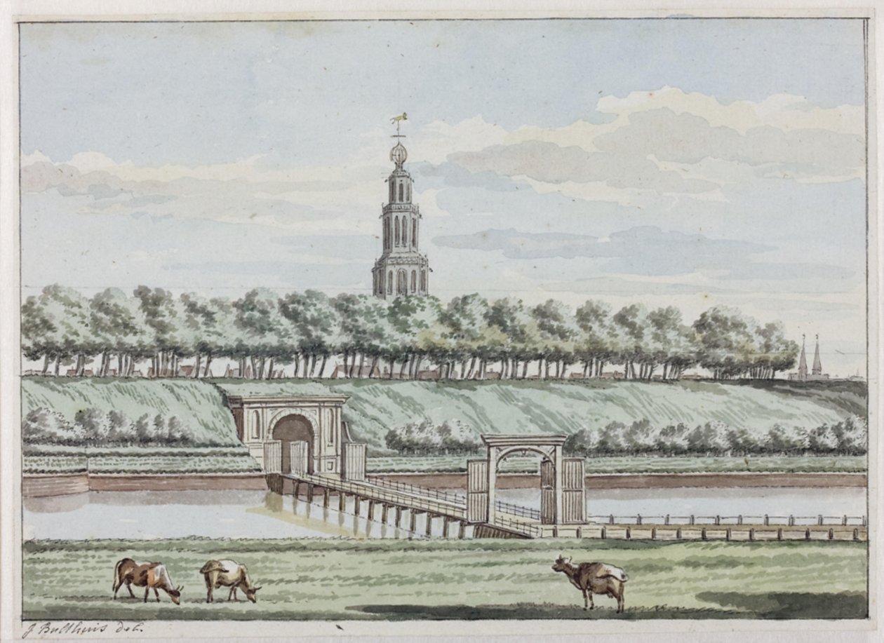 Utsiden av Herepoort og Herepoortenbrug med bymuren i Groningen av Jan Bulthuis