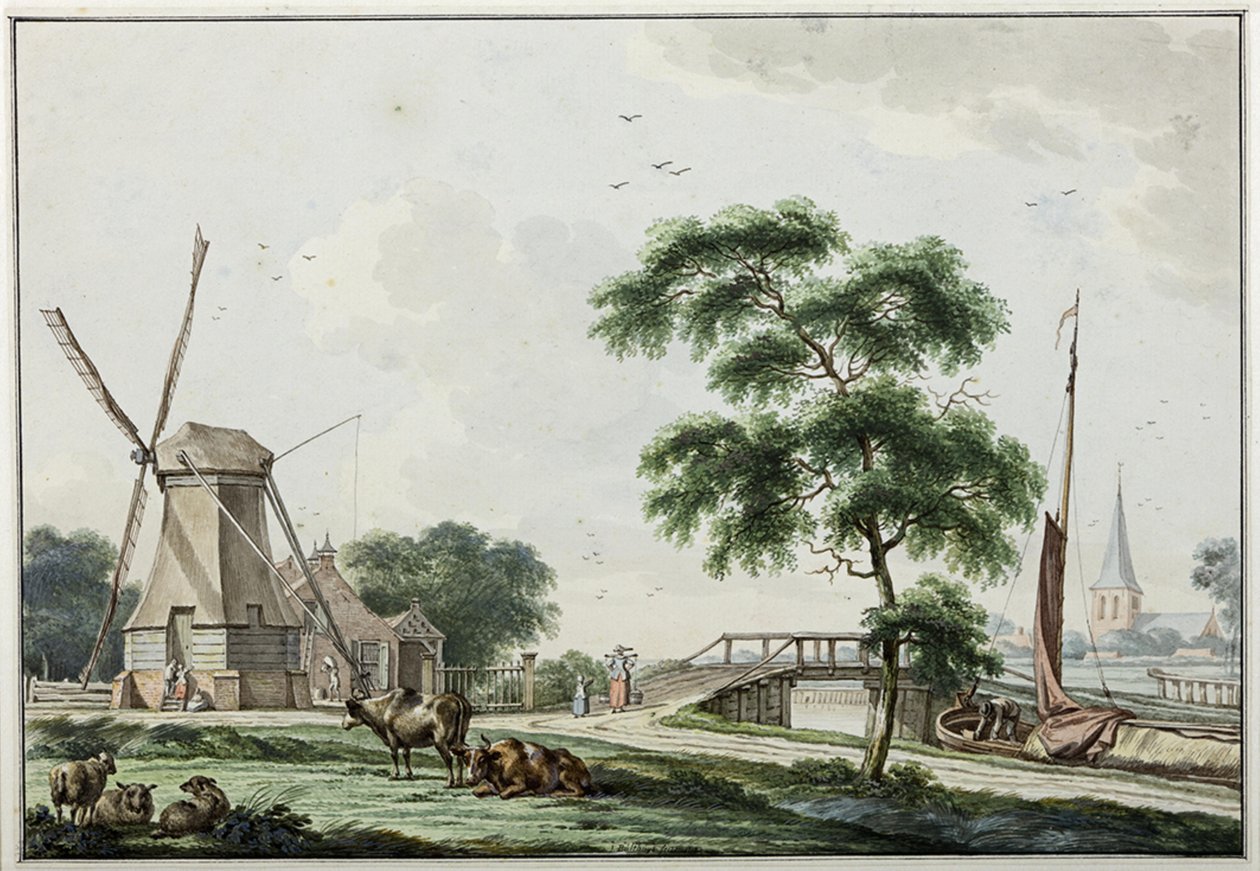 Ulrumertil over kanalen med skrelleverk og Ulrum kirke i bakgrunnen av Jan Bulthuis