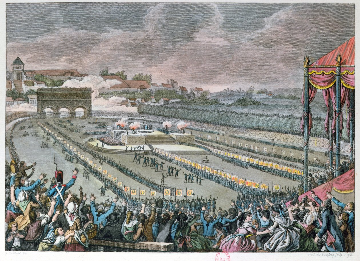 Festival of the Federation, 14. juli 1790, på Champ de Mars, 1798 (fargegravering) av Jan Bulthuis