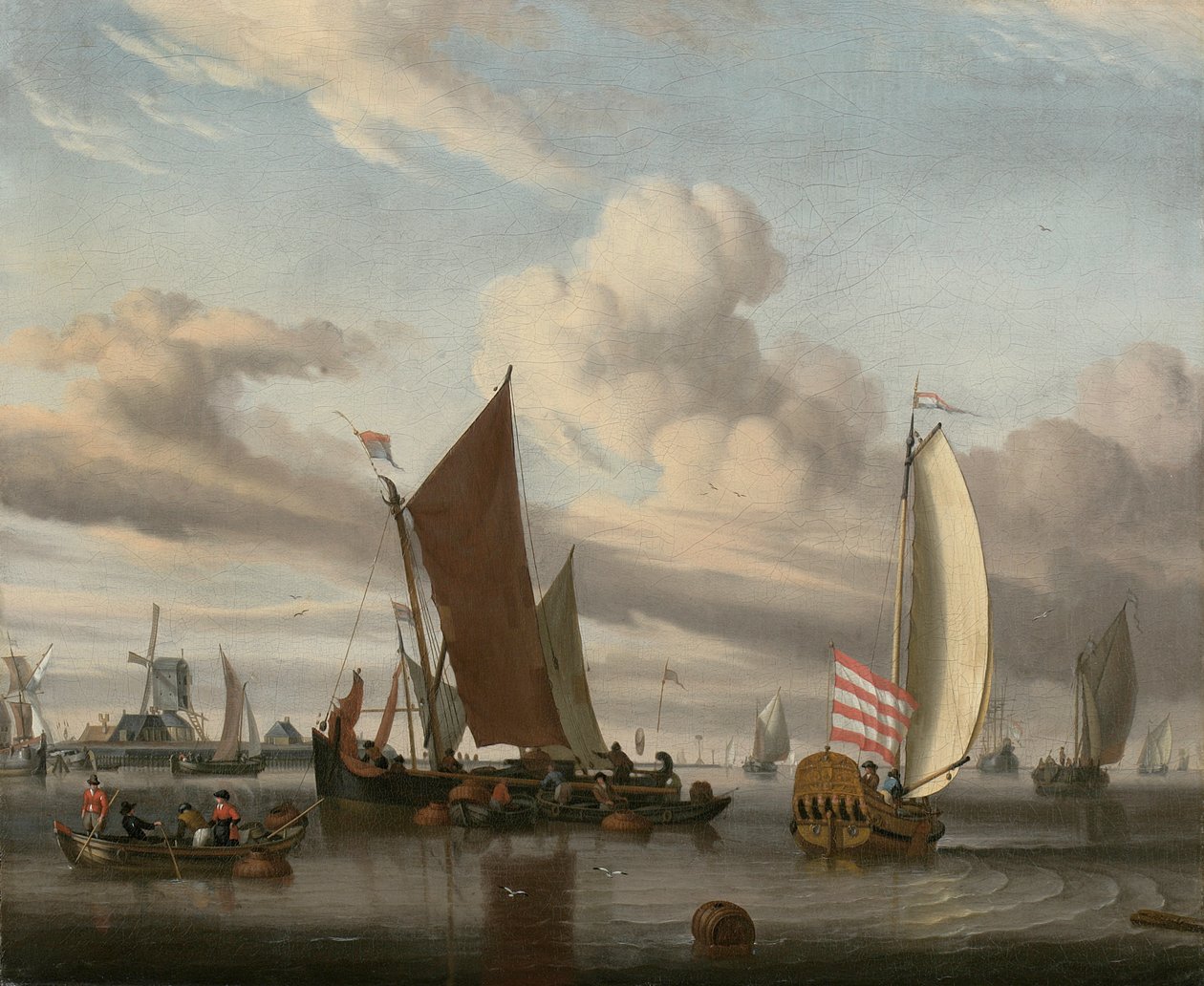 Frakt i et stille hav utenfor en brygge av Jan Claesz Rietschoof