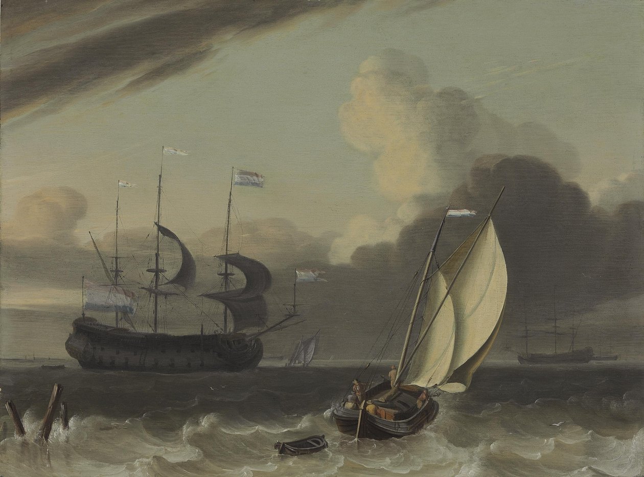 En nederlandsk handelsmann og en spritsail -lekter i en bris av Jan Claesz Rietschoof