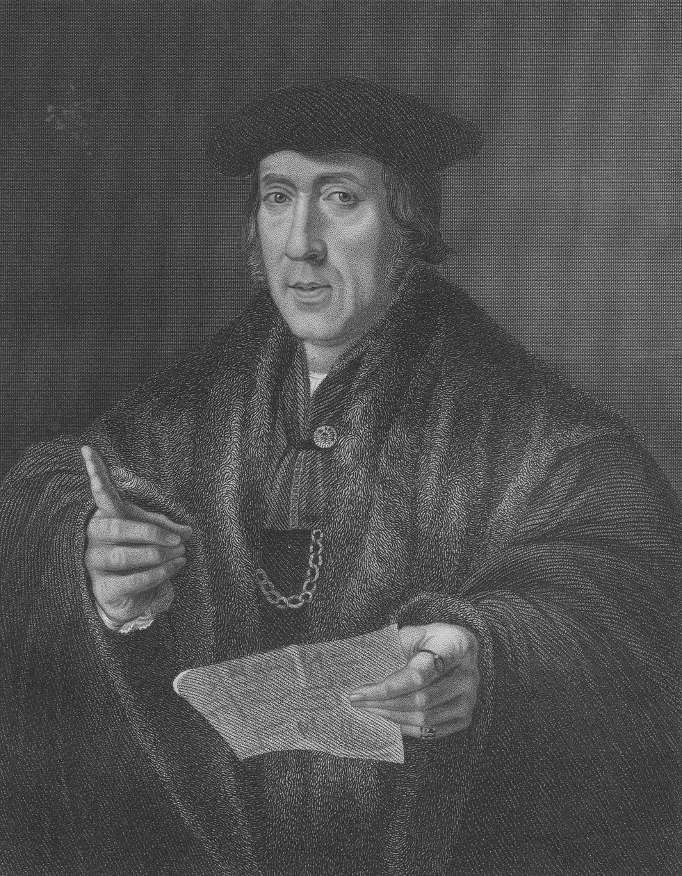 Portrett av Sir John More (ca. 1451-1530), gravert av W.T.Mote av Jan Cornelisz Vermeyen