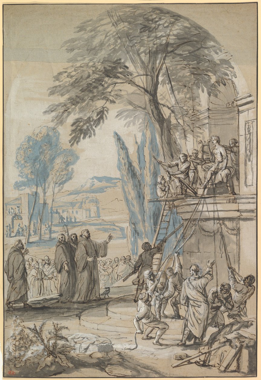 Benedict of Nursia beordrer ødeleggelsen av Apollon-tempelet ved Monte Cassino av Jan Erasmus Quellinus