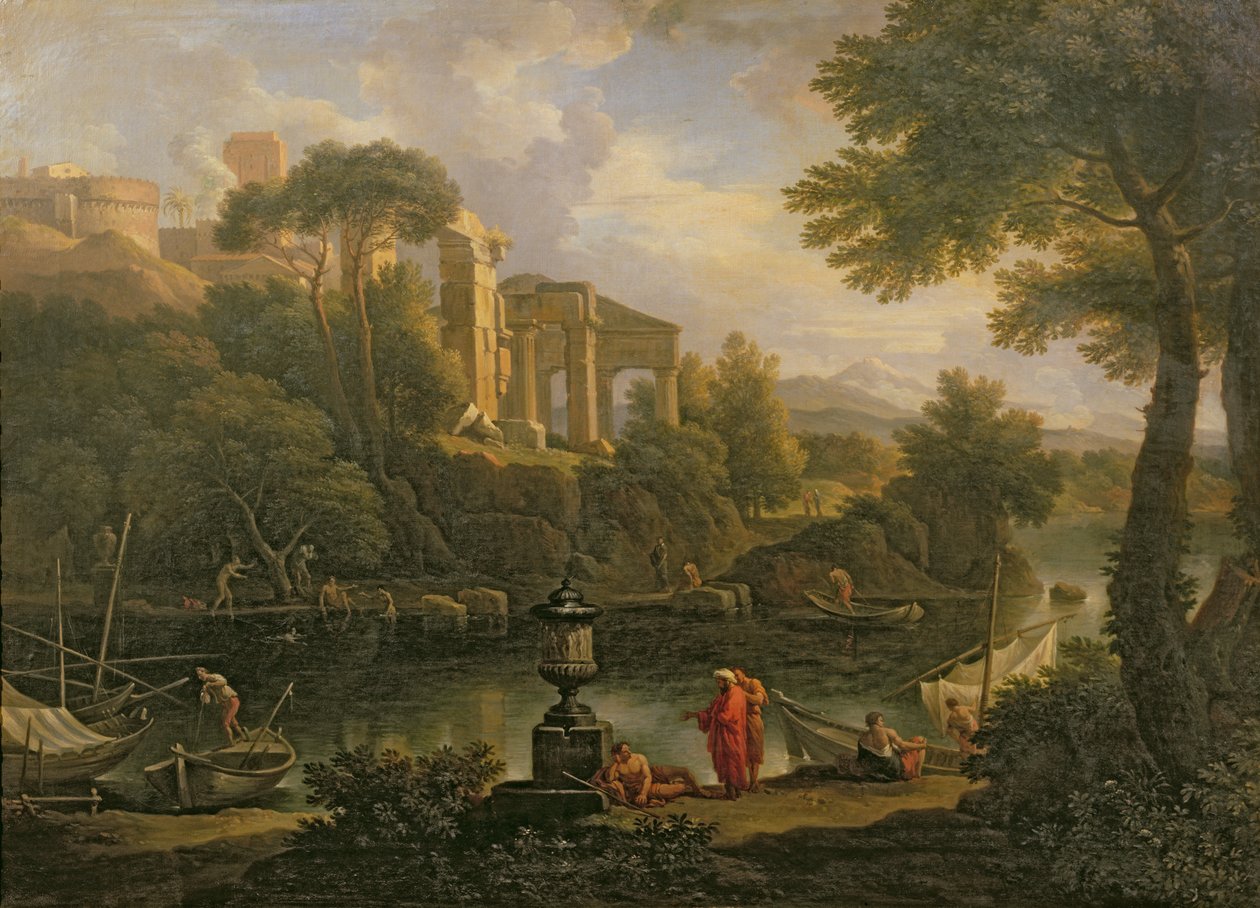 Landskap med figurer ved et basseng med ruiner i bakgrunnen av Jan Frans van Bloemen