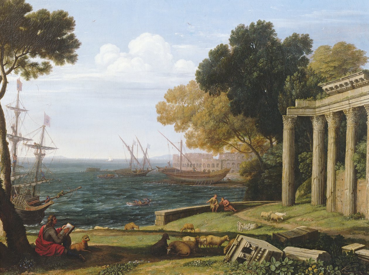 Utsikt over havet, havnen og amfiteateret i Pola av Jan Frans van Bloemen