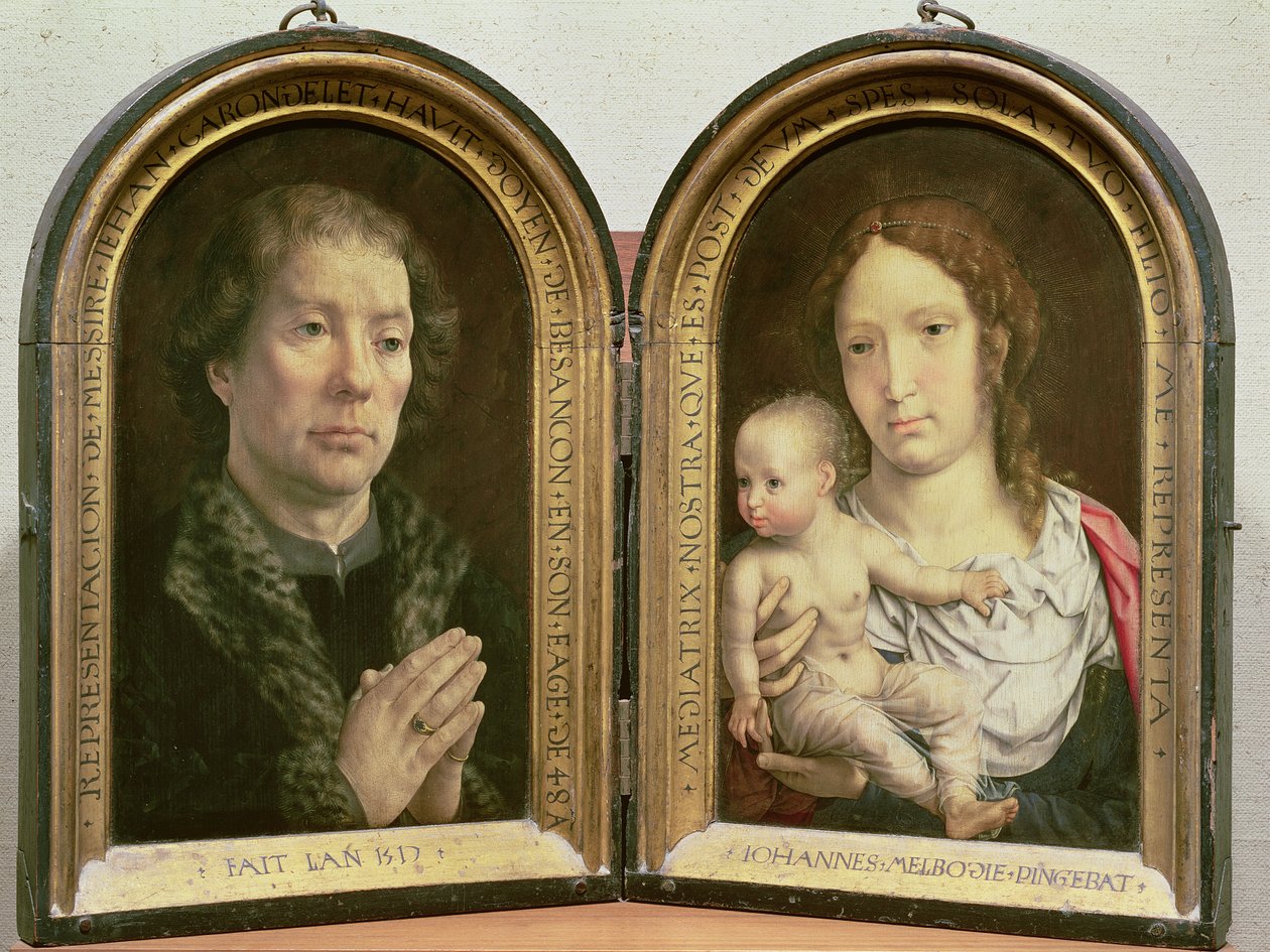 Diptyken Carondelet; (LtoR) Portrett av Jean Carondelet (1469-1545) dekan for Besancon-kirken og rådmann for Charles V; Madonna og barn, 1517 (se også 210362 og 210363) av Jan Gossaert