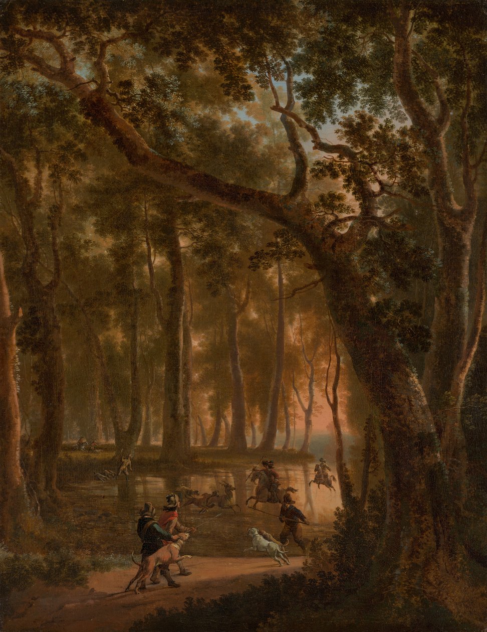 Rådyrjakt i en skog av Jan Hackaert