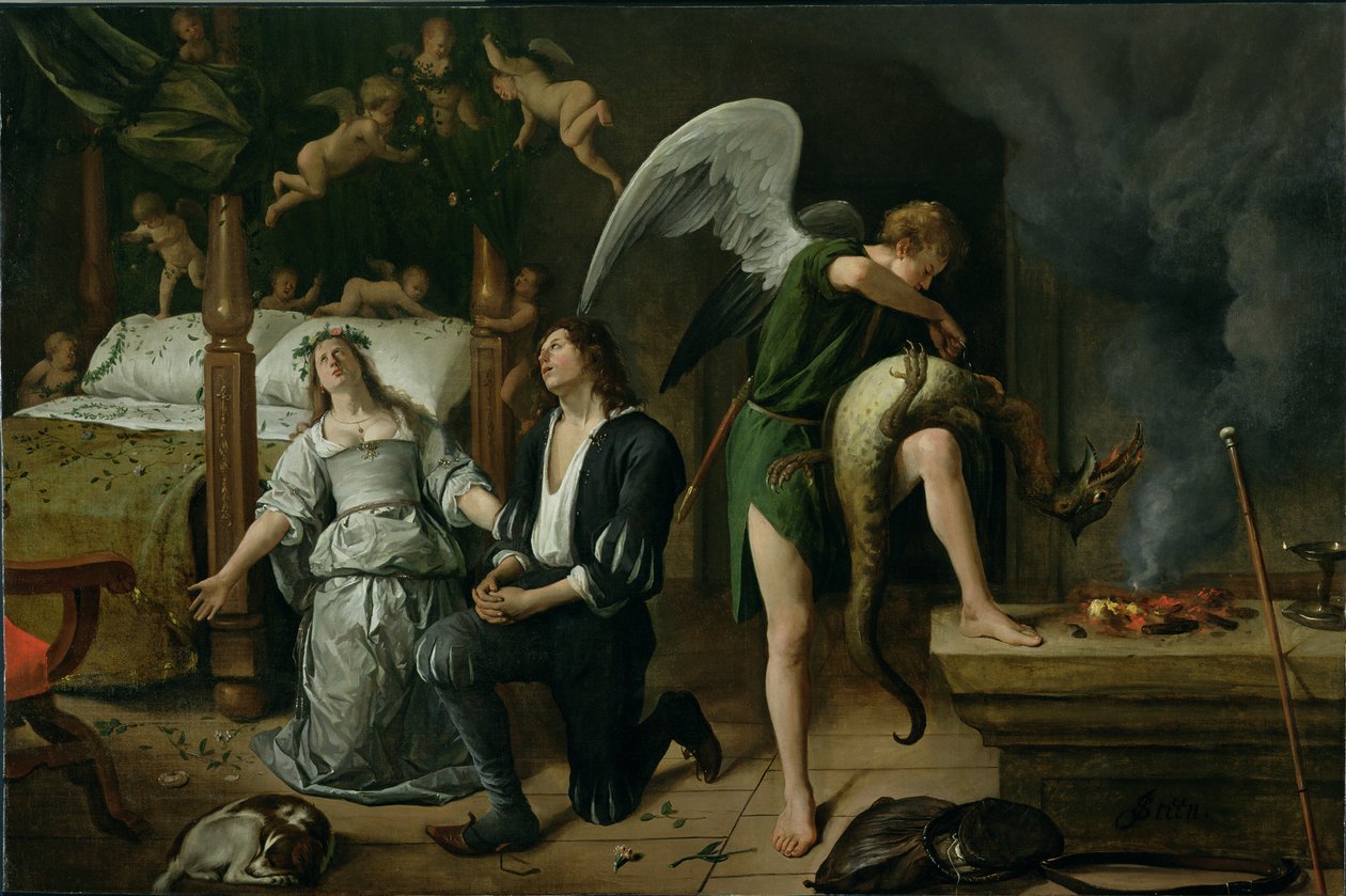 Tobias og Sarah med erkeengelen Raphael som utdriver demonen Asmodeus, restaurert versjon satt sammen av to adskilte fragmenter (for pre-restaureringsversjon se 81208) av Jan Havickszoon Steen