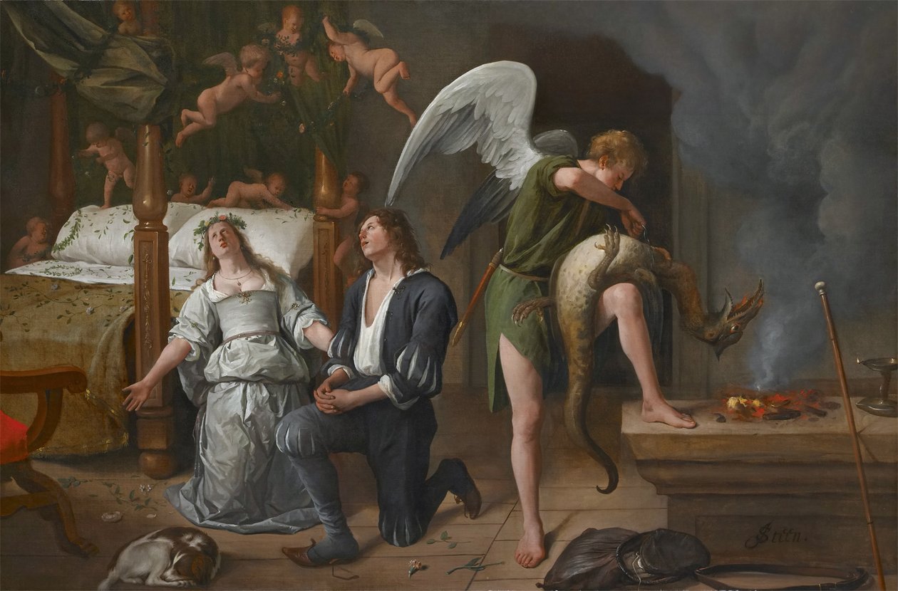 Tobias og Sarah ber mens Rafael binder demonen av Jan Havickszoon Steen
