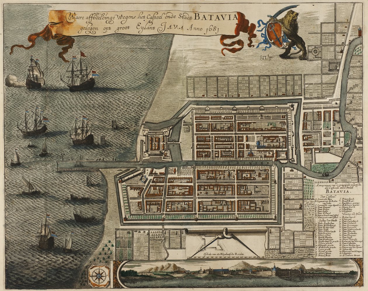 Kart over slottet og byen Batavia, på øya Java (nå Jakarta, Indonesia) av Jan Janssonius