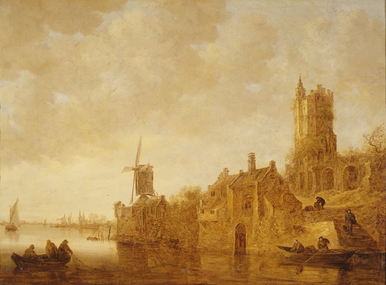 Elvelandskap med vindmølle og slottsruiner, 1644 av Jan Josephsz van Goyen