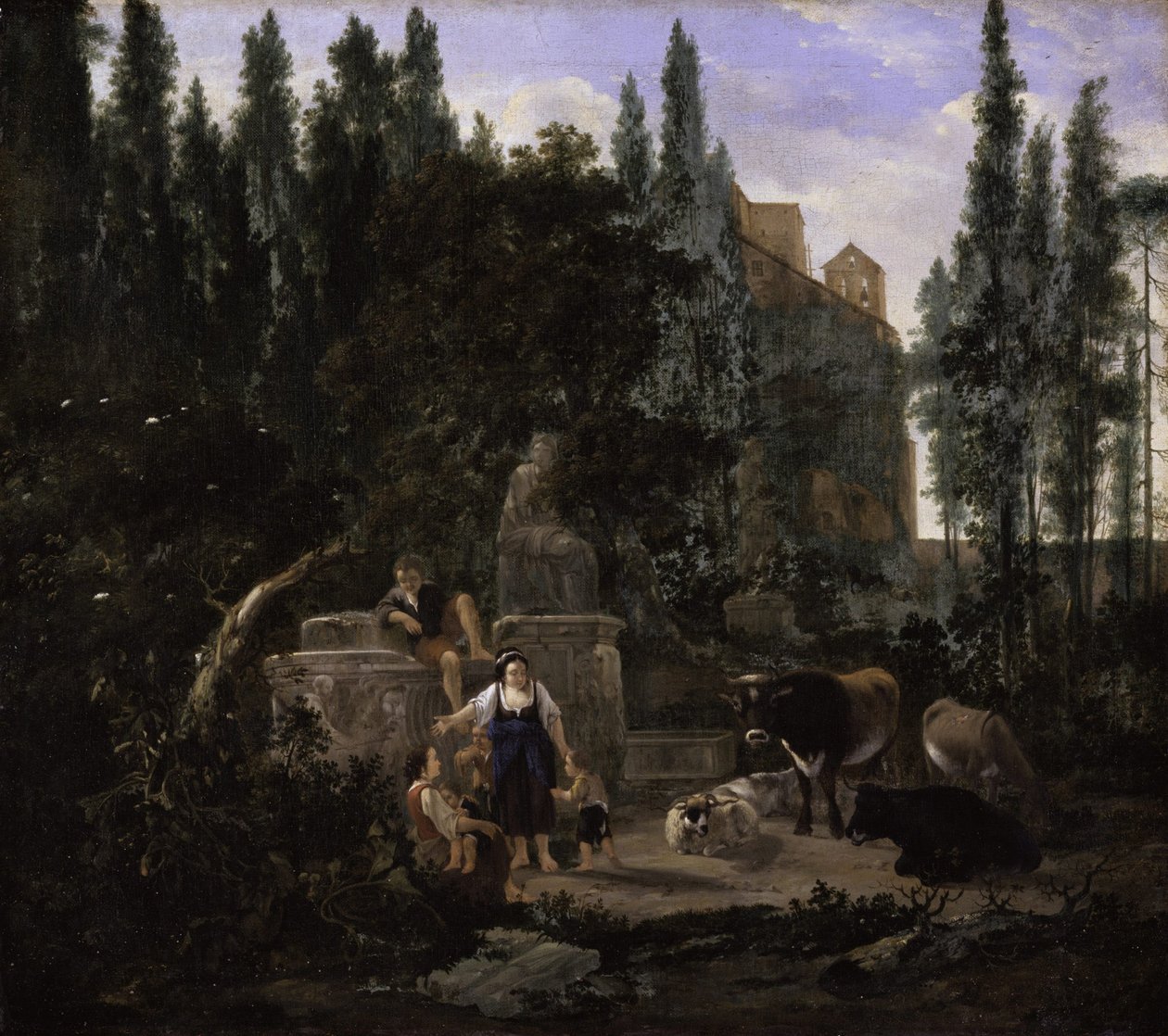 Et italiensk landskap med figurer og storfe av Jan Lapp