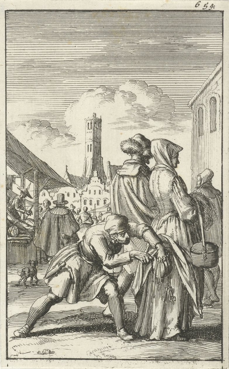 Kvinne på et marked blir frastjålet vesken sin, 1685 av Jan Luyken