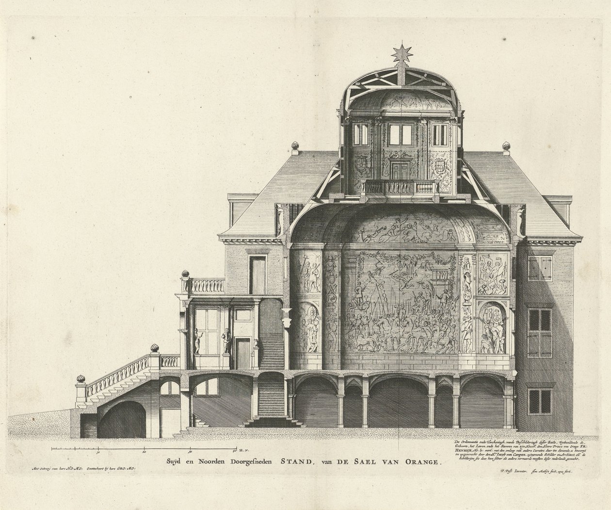 Tverrsnitt av Huis ten Bosch av Jan Mattysz. etter et design av Pieter Jansz. Post, 1655 av Jan Matthysz.