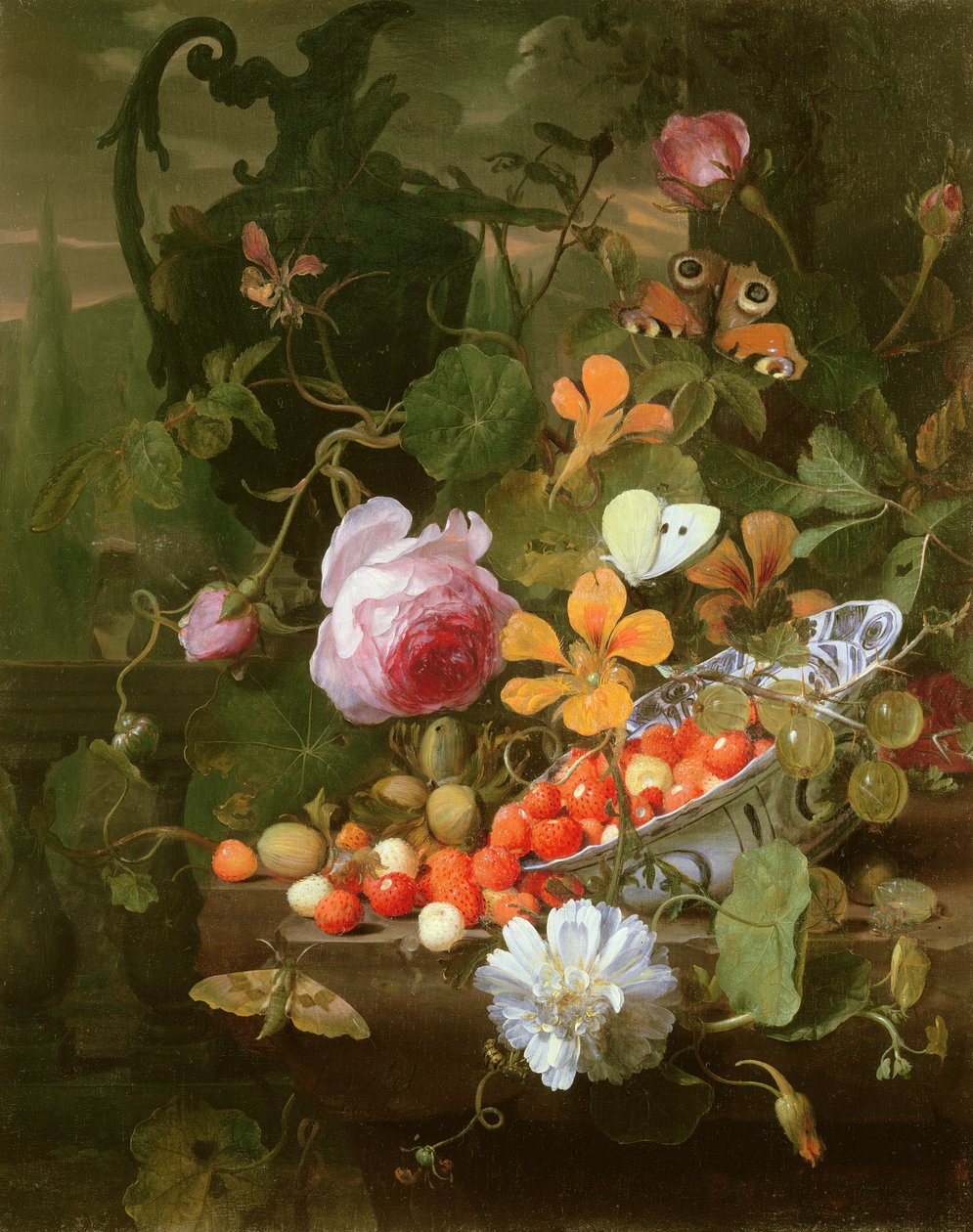 Et stilleben av jordbær i en skål og blomster, 1696 av Jan Mortel