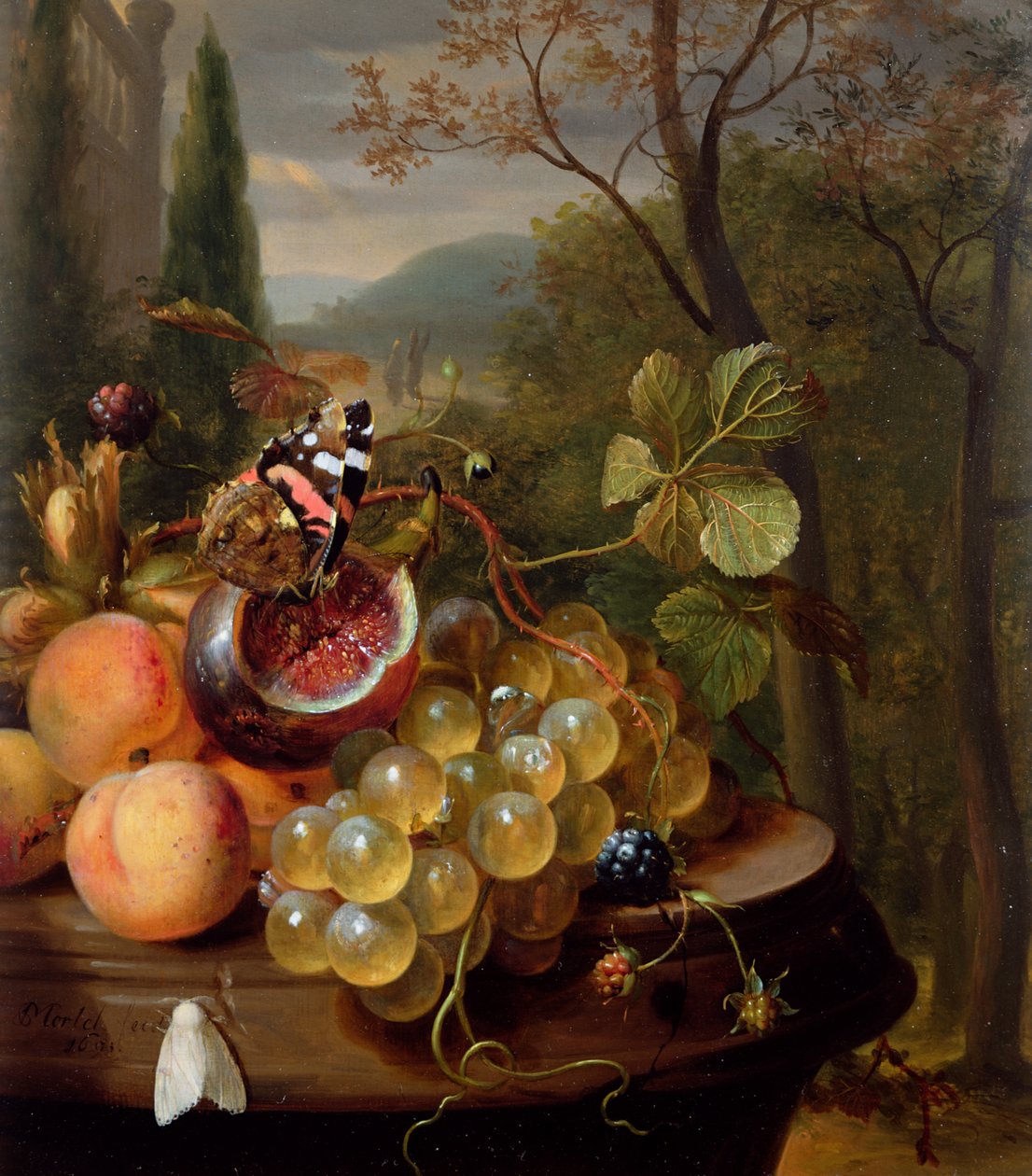 Stilleben med frukt og sommerfugler av Jan Mortel