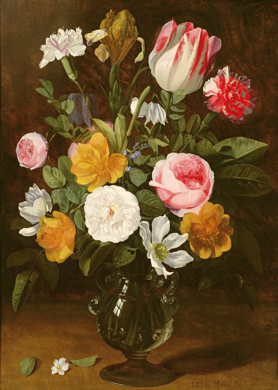 Stilleben av blomster i en glassvase (panel) av Jan Philip van Thielen