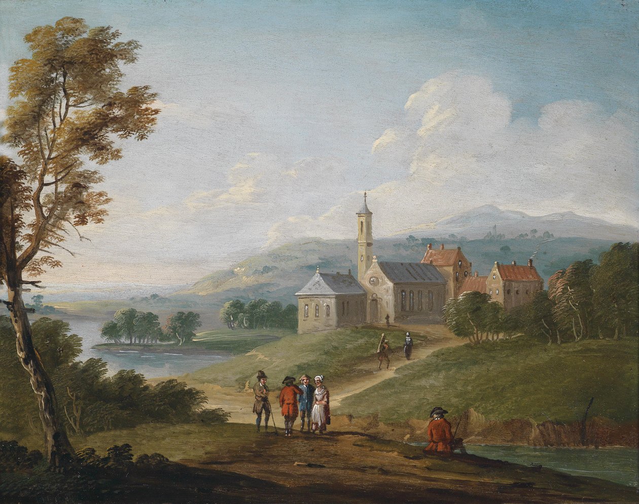 Elvelandskap med en landsby og turgåere av Jan Pieter van Bredael