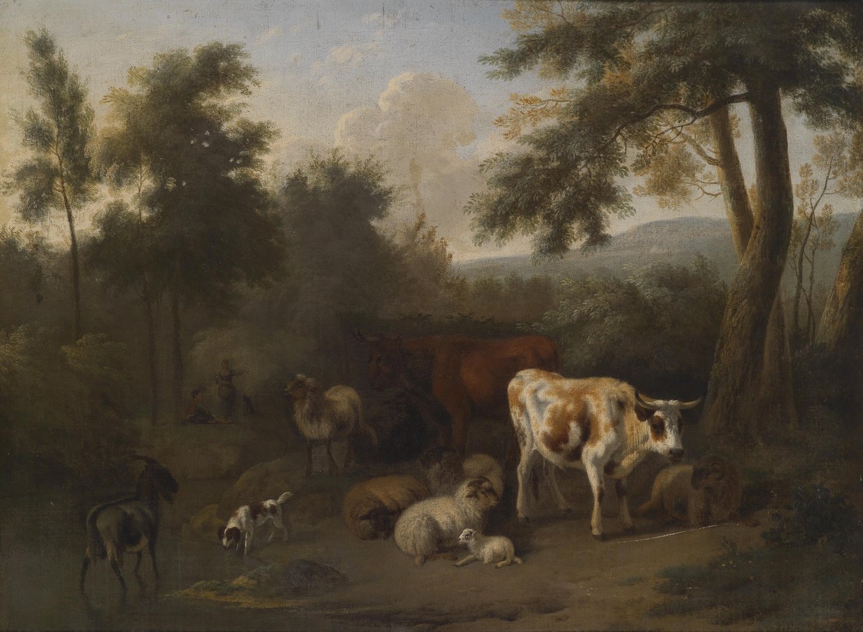 Skogsbevokst landskap med leirfe og gjetere av Jan Vermeer van Haarlem