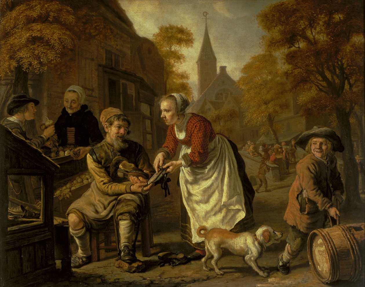 En landsbyscene med en skomaker, ca. 1650 av Jan Victors