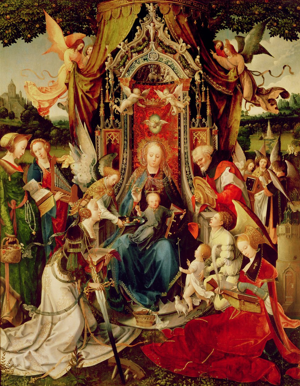Madonna og barn og hellige, 1500-tallet, (triptyk) av Jan de Beer