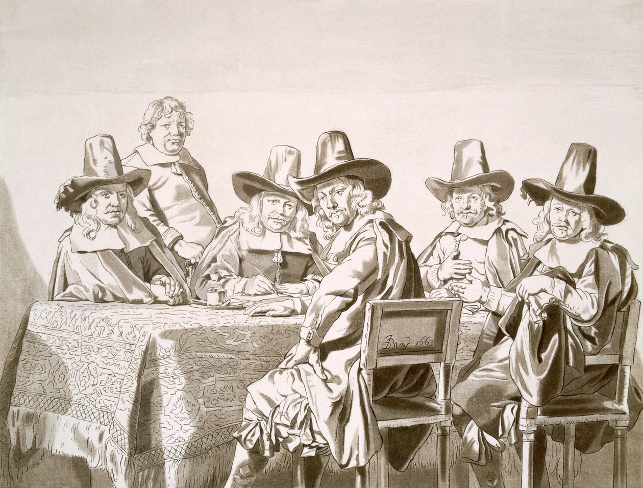 1600-tallsmøte i en komité av byverdige eller lignende, rundt et bord, fra 1663 av Jan de Bray