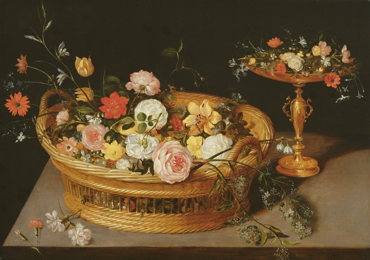 En kurv med blomster med en sølvforgylt tazza av Jan the Elder Brueghel