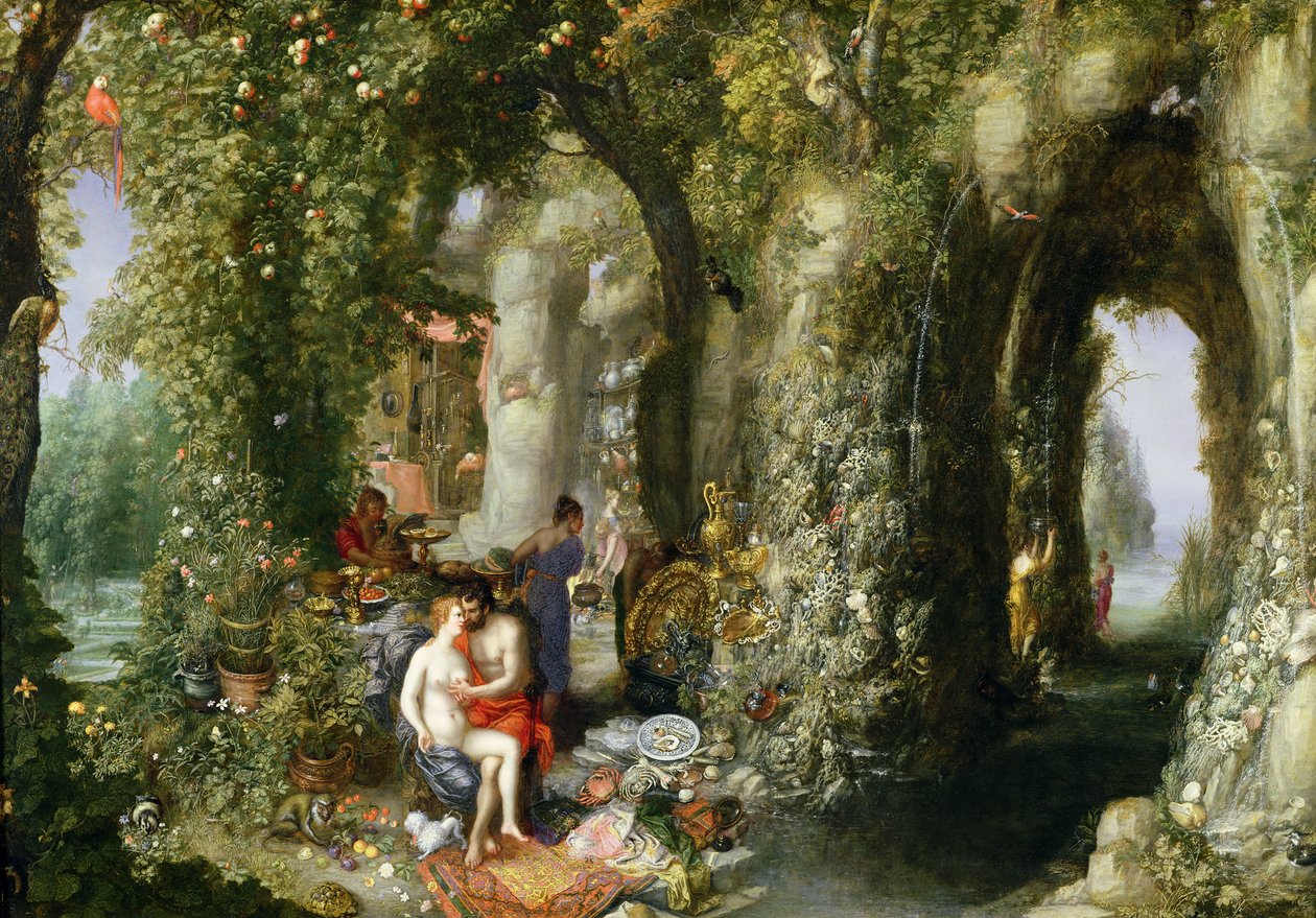 En fantastisk hule med Odysseus og Calypso av Jan the Elder Brueghel