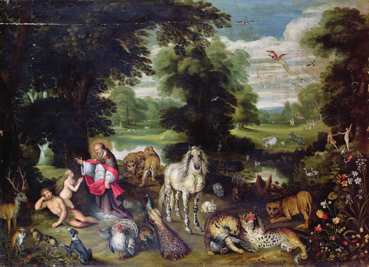 Adam og Eva med Gud i Edens hage og historien om fallet av Jan the Elder Brueghel