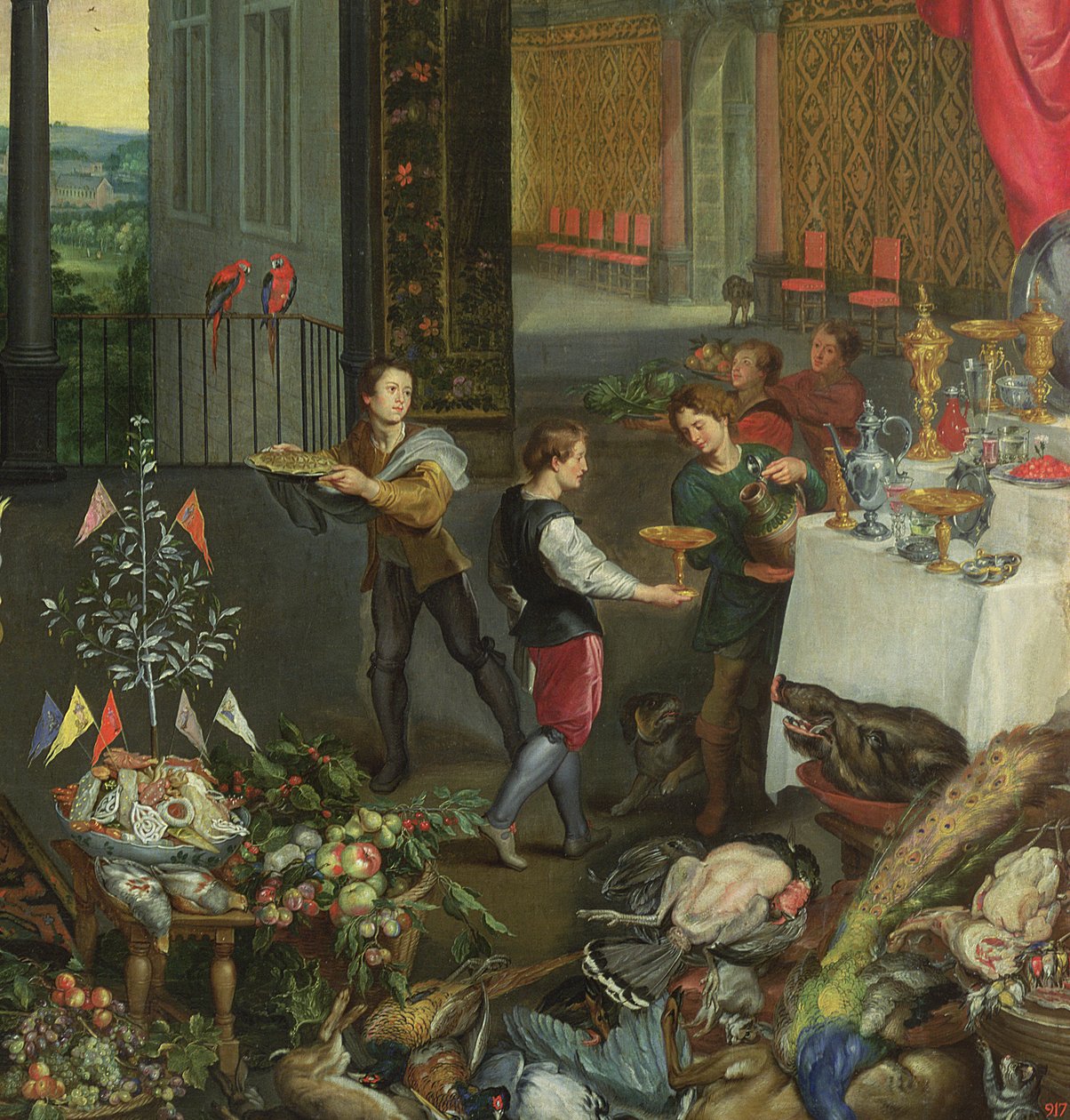 Allegory of Taste, detalj om servere som bringer vin, 1618 (detalj av 61052) av Jan the Elder Brueghel