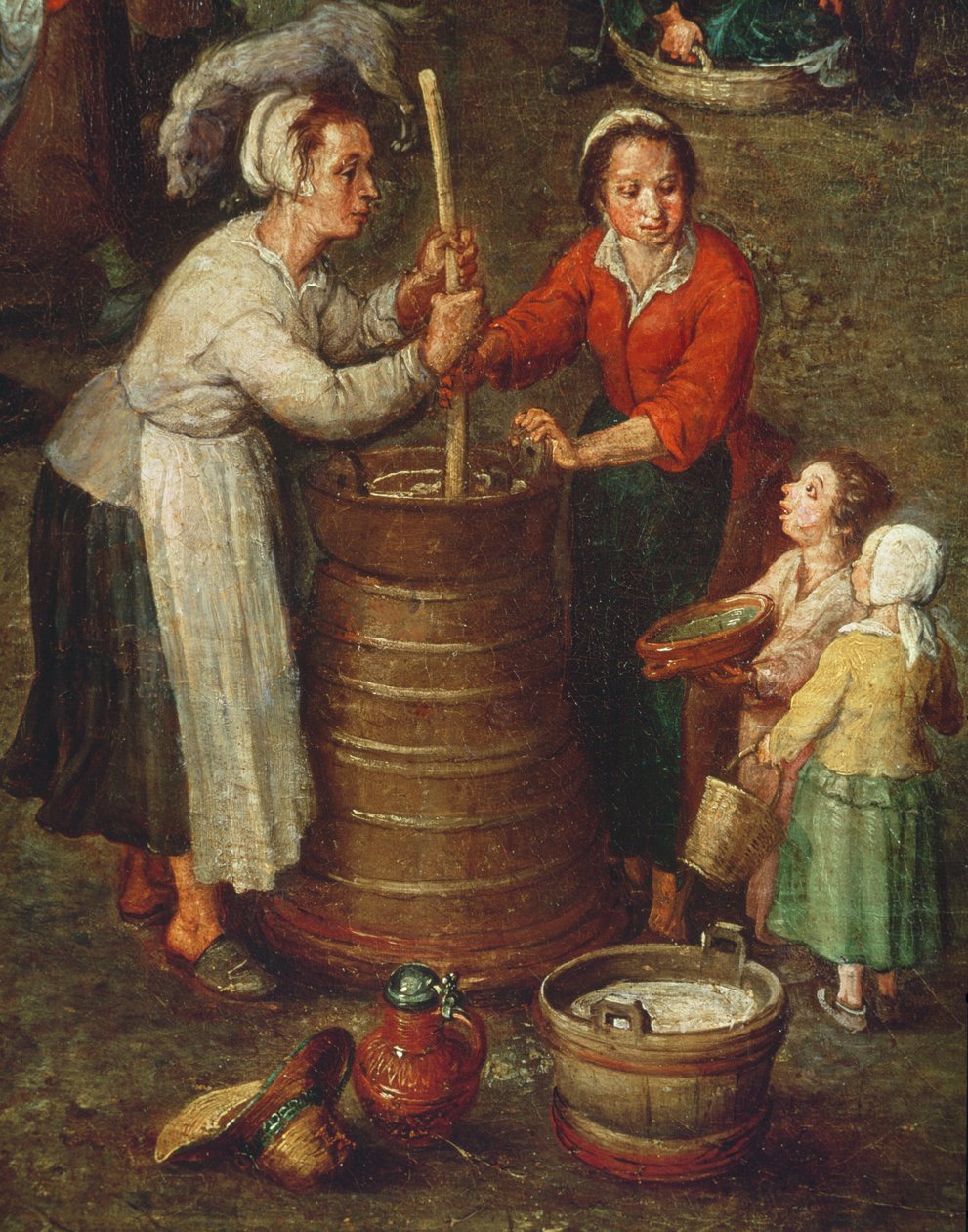 Country Life, detalj av bønder som kjerner melkeolje på lerret av Jan the Elder Brueghel