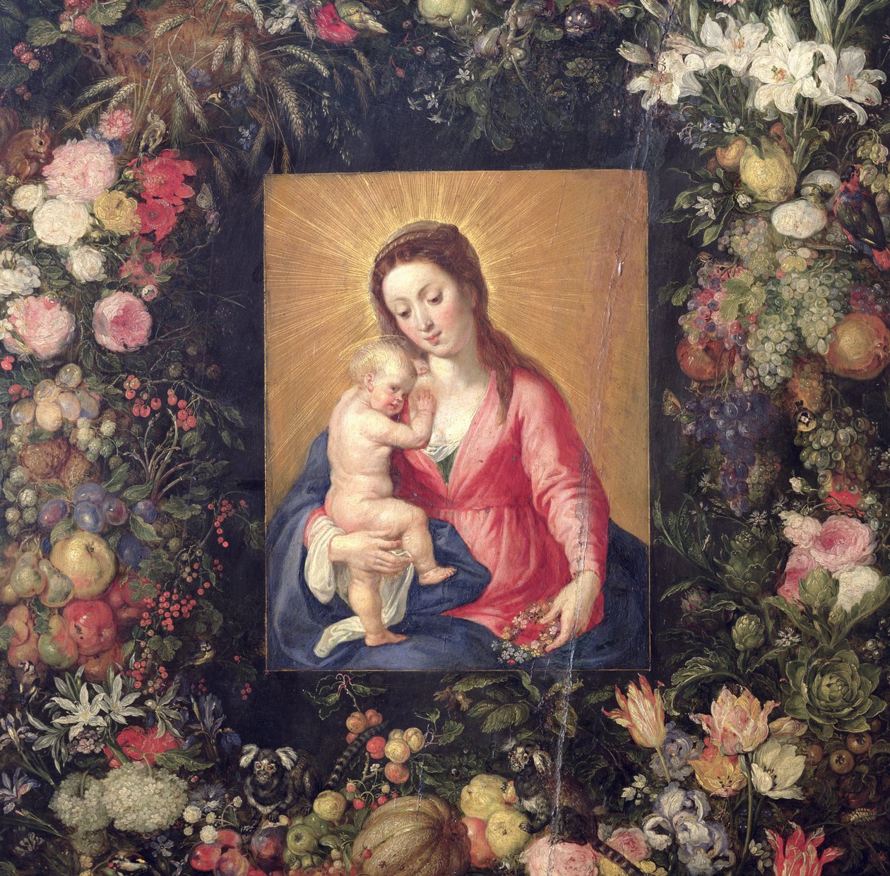 Krans av frukt og blomster med jomfru- og barnolje på lerretsdetalj av 36909 av Jan the Elder Brueghel