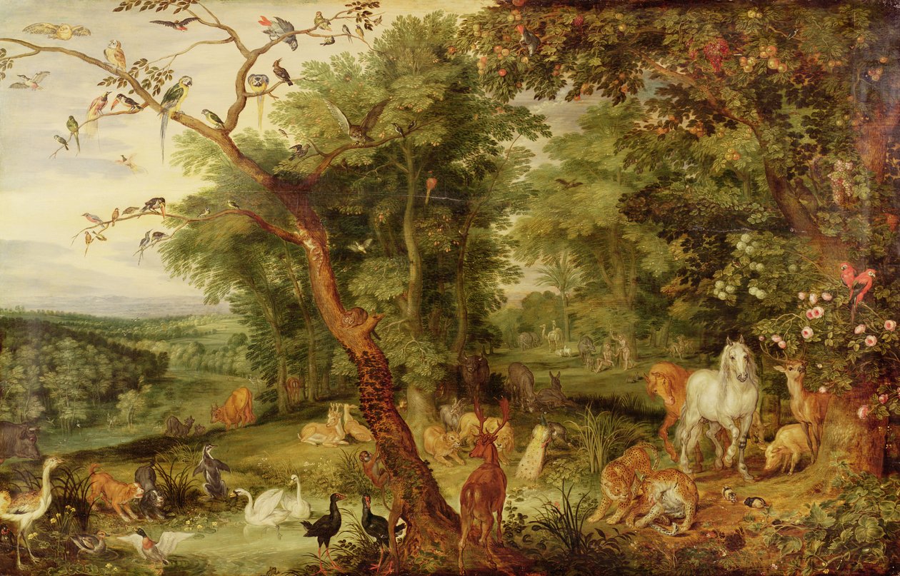 Edens hage; i bakgrunnen The Temptation (olje på eikepanel) av Jan the Elder Brueghel