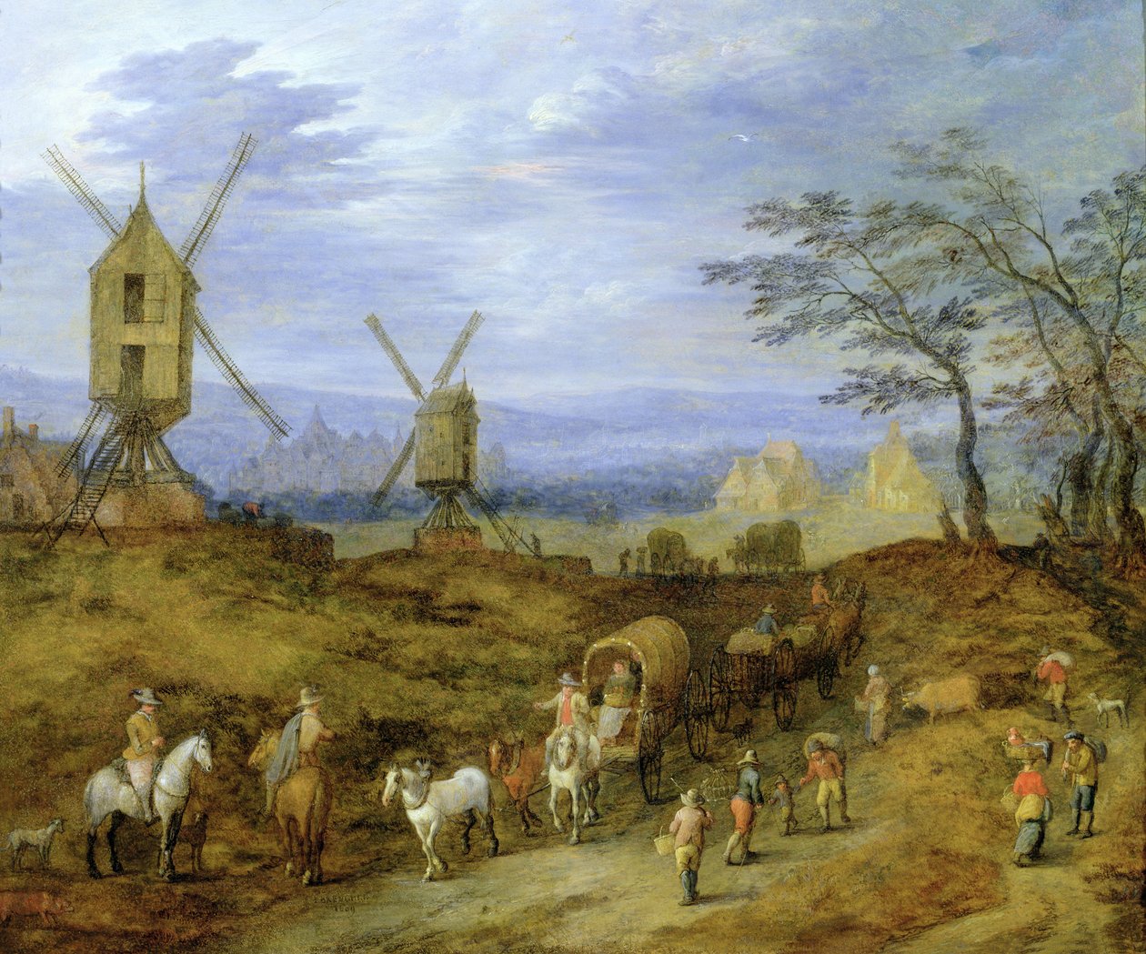 Landskap med reisende nær vindmøller av Jan Brueghel the Younger