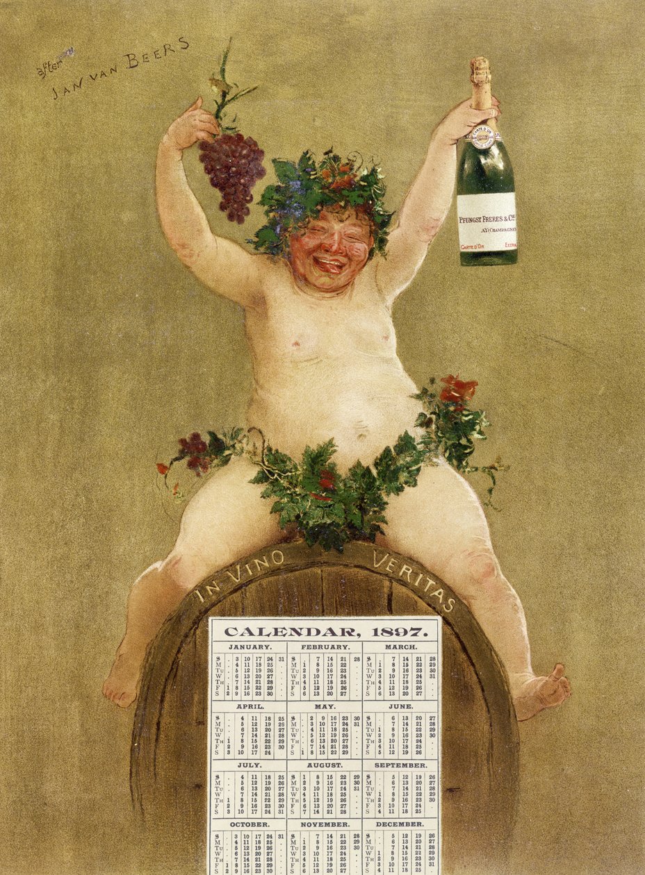 Kampanjekalender for Pfungst Freres Champagne, illustrerer Bacchus sittende på en tønne som bærer legenden 