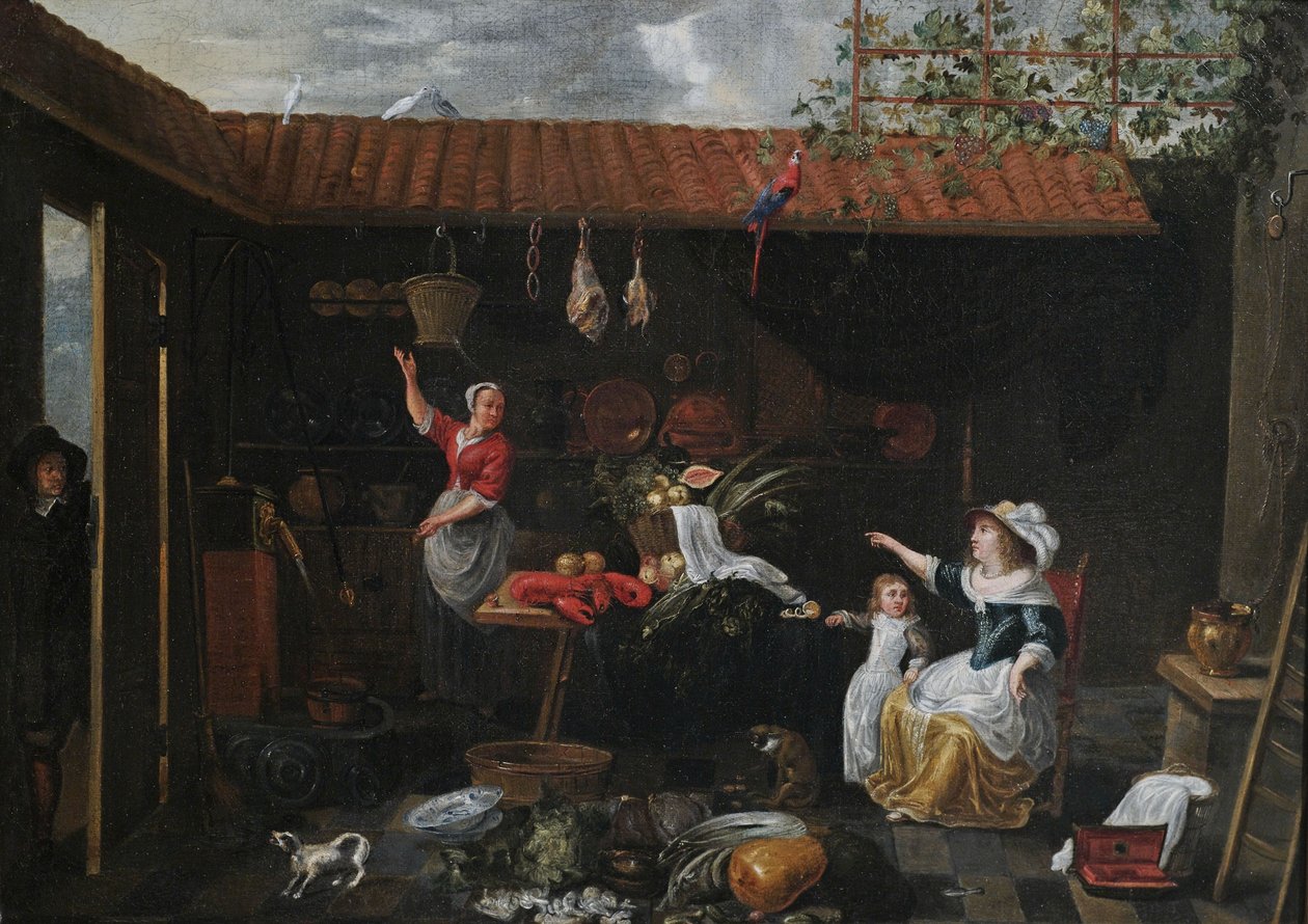 Innvendig utsikt over en gårdsplass med kjøkkenutstyr, kjøkkenutstyr, stuepike og utleier av Jan van Buken