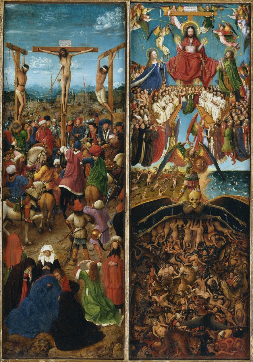 Korsfestelsen; Den siste dommen, en del av et triptykon av Jan van Eyck