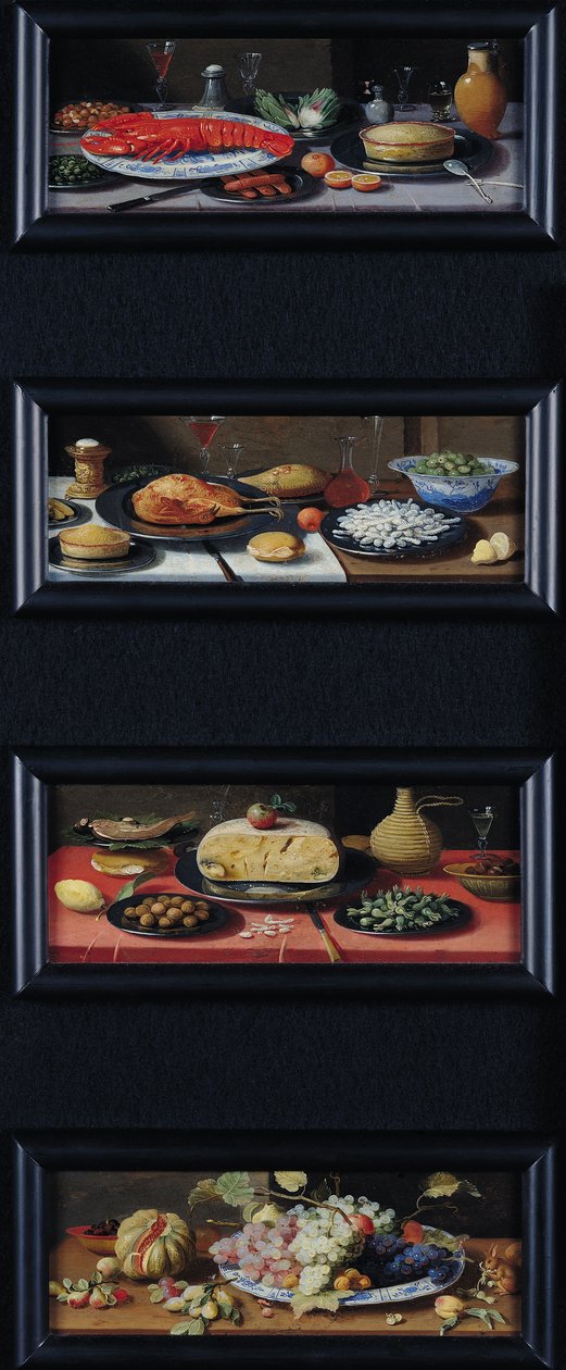 Fire stilleben av mat og frukt av Jan van Kessel the Elder