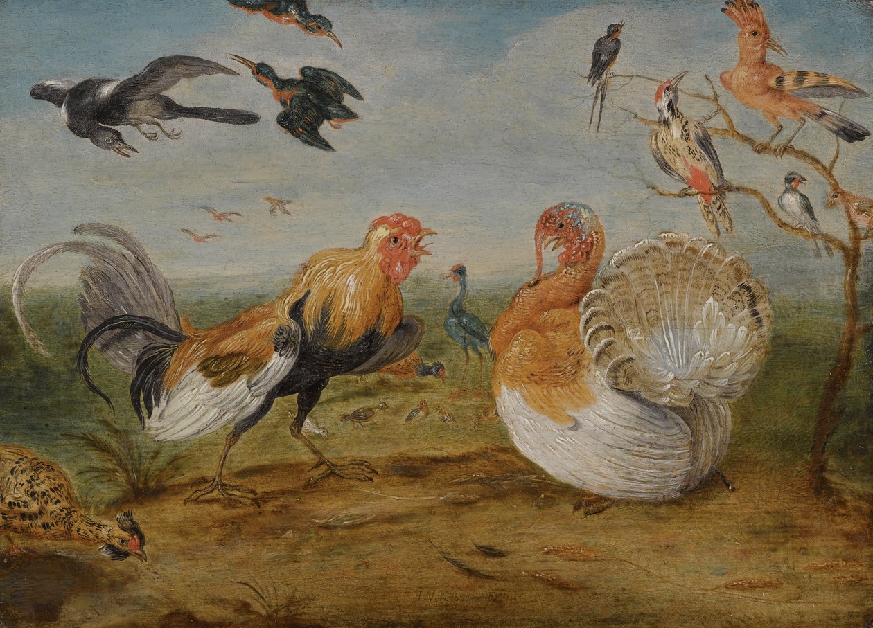 Et landskap med en hane og en kalkun som krangler og andre fugler av Jan van Kessel the Elder