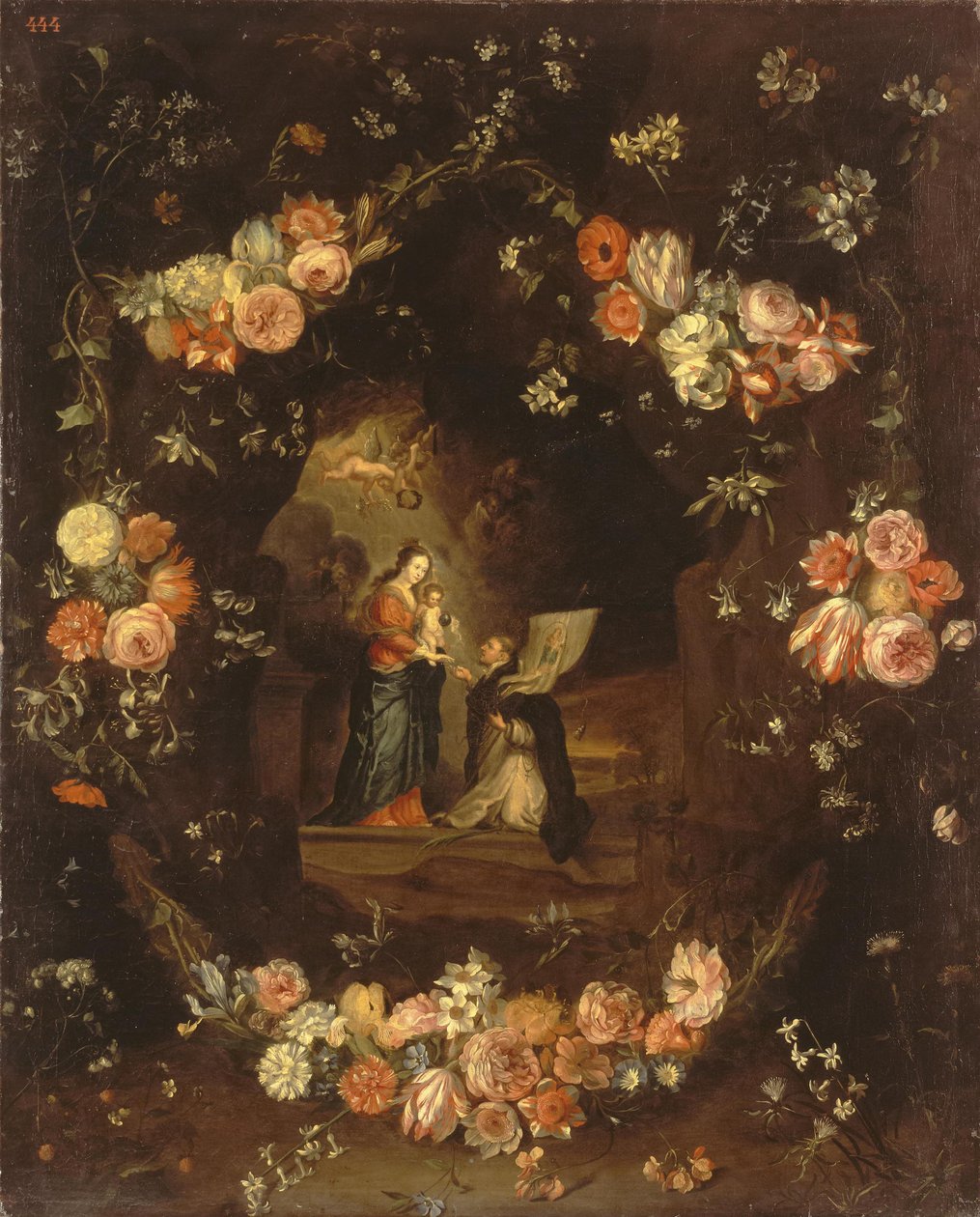 Madonna med barnet og St. Ildephonsus innrammet med en blomsterkrans av Jan van Kessel the Elder