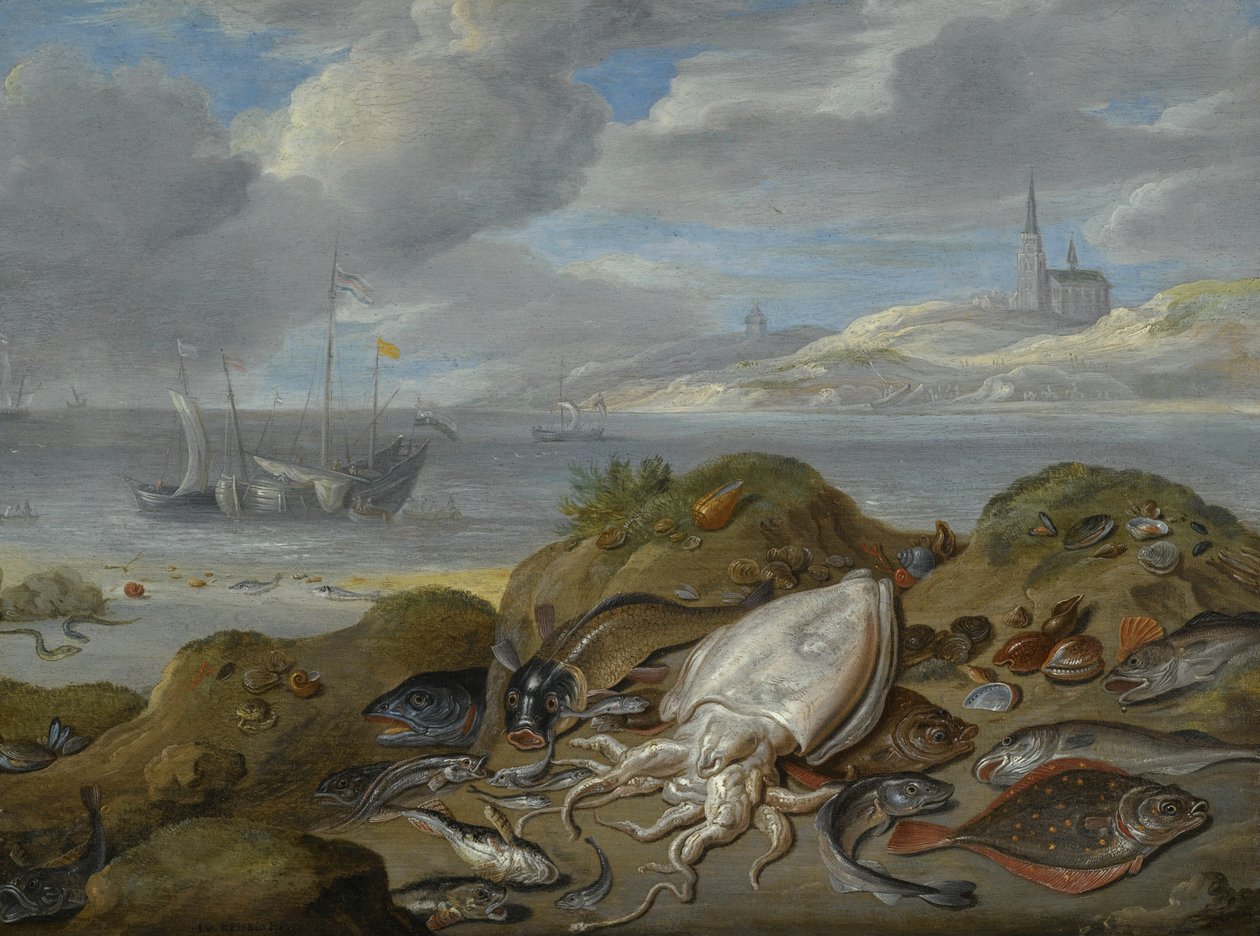 Stilleben med blekksprut, rødspette, torsk, blåskjell og annen fisk på en sanddyne, en kirke over elvemunningen utenfor av Jan van Kessel the Elder